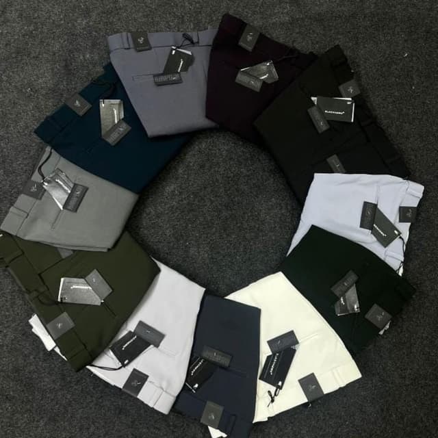 Various solid colors including black, white, gray, navy, dark green, burgundy, and teal. Trousers/Pants