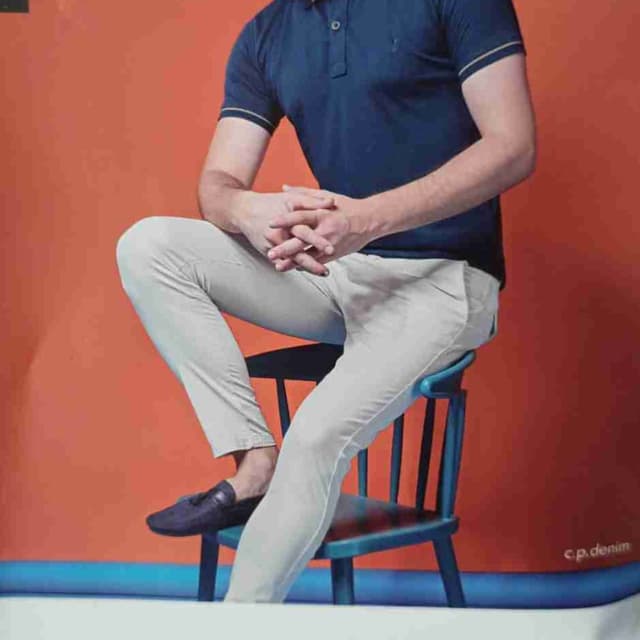 Navy blue, Light gray, Gold Polo shirt, Trousers