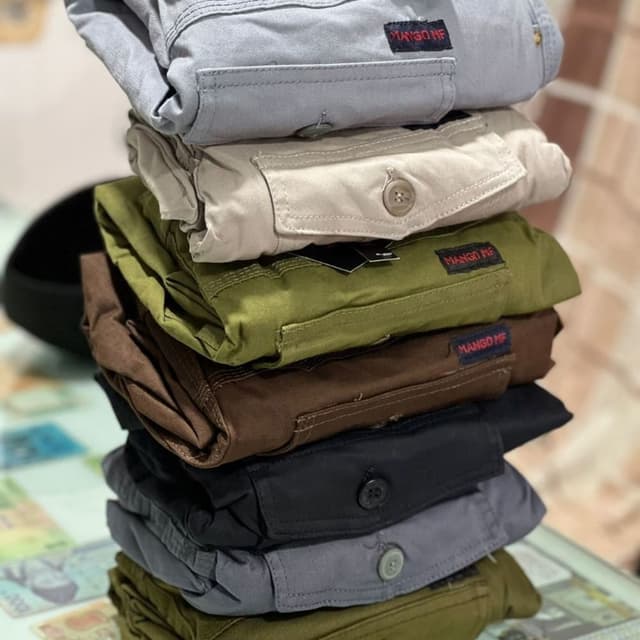 Various solid colors including gray, beige, olive green, brown, black, and a lighter gray/green. Cargo Pants