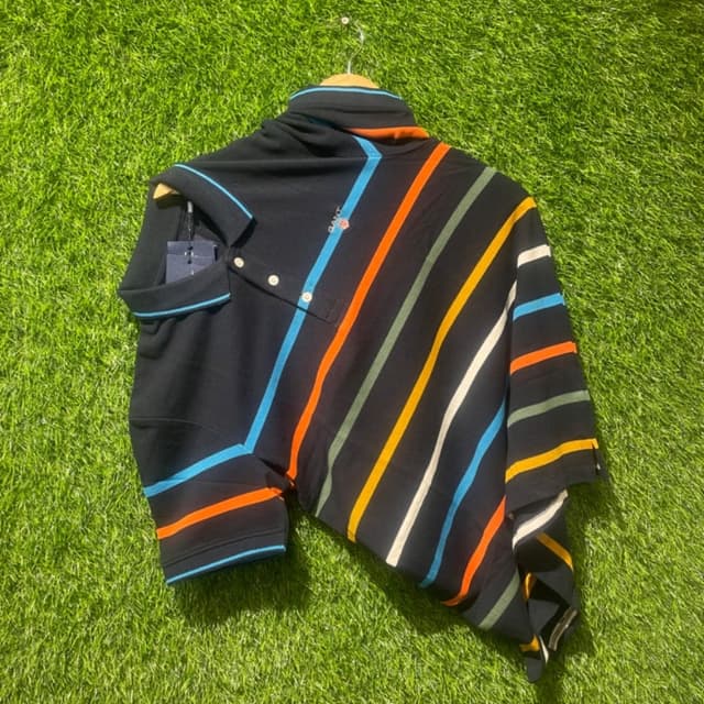 Black with multi-colored stripes: orange, yellow, blue, white, and green Polo Shirt