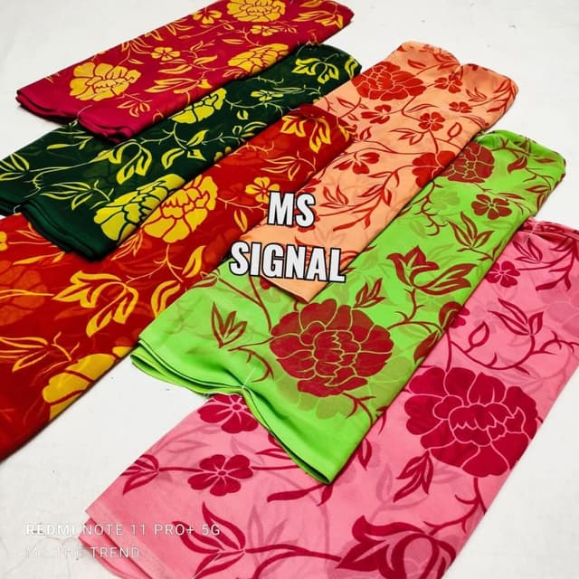 Various vibrant colors including pink, red, green, orange, and yellow. Saree Fabric/Material