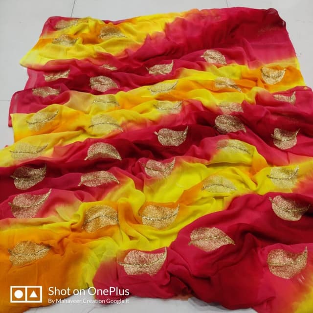 Yellow, Orange, and Red, with a gradient effect Saree