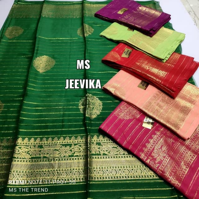 Green and gold, with additional colors in other pieces including purple, light green, red, peach and pink Saree