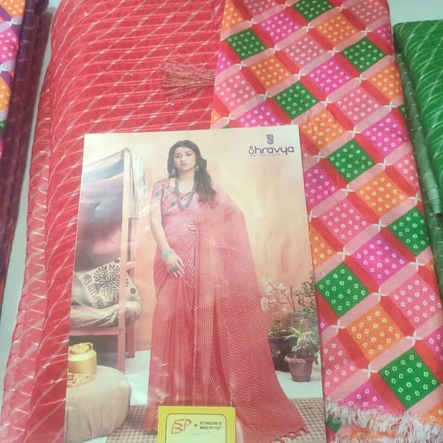 Red, Pink, Green, Orange Saree