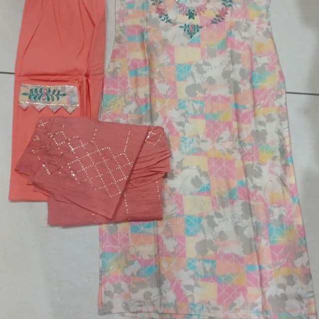 Peach, Pastel Multi-color (Pink, Yellow, Blue, Gray) Salwar Kameez