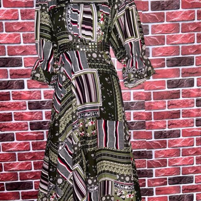 Olive green, black, gray, red, and white Dress