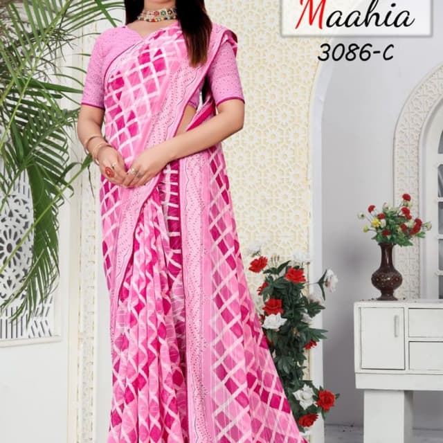 Pink, White Saree