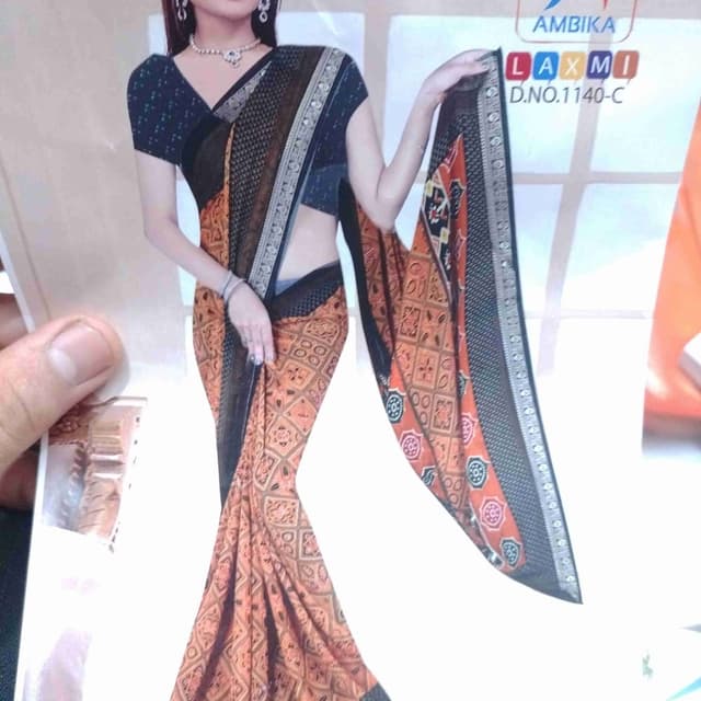 Orange, Black, Brown, White Saree