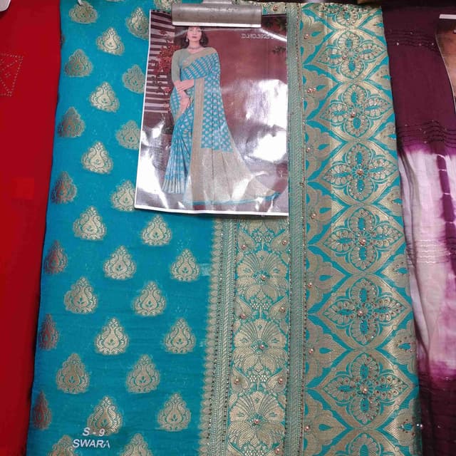 Teal, Gold, Beige Saree