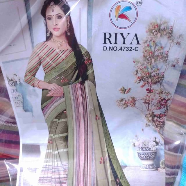 Olive green, beige, pink, red, and black Saree