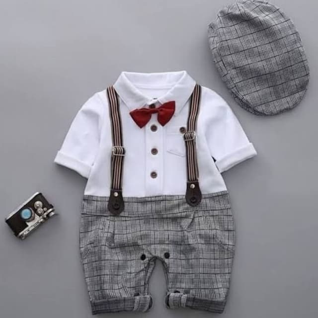 White, Gray, Brown, and Red Romper Set