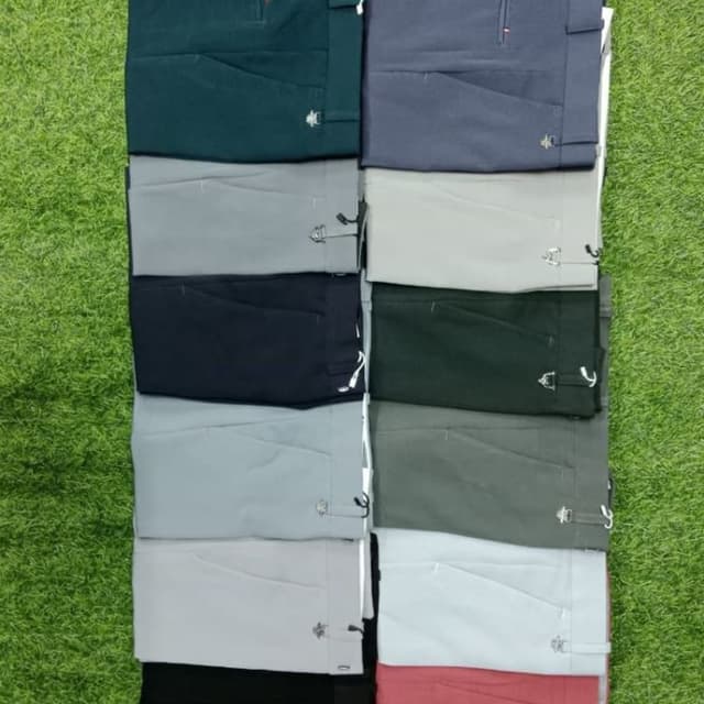 Various solid colors including: dark green, gray, navy, light green, black, and red. Pants