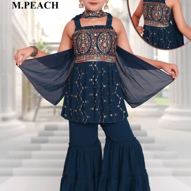 Navy Blue with multicolored embroidery Sharara Suit