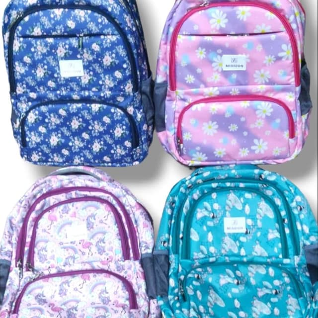 Various floral patterns, ranging from blue with white to pink, purple, and teal Backpack
