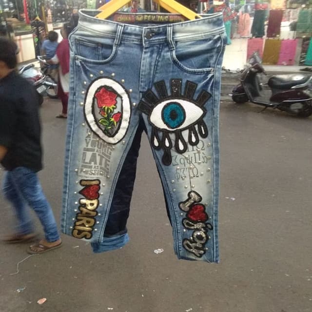 Light Blue, White, Black, Red, Green Jeans