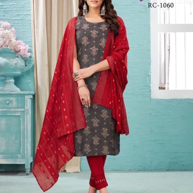 Charcoal grey, red, and gold Salwar Suit