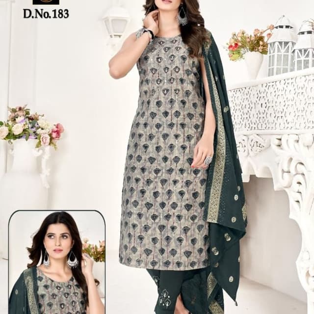 Gray, Dark Green, Beige Salwar Kameez Suit