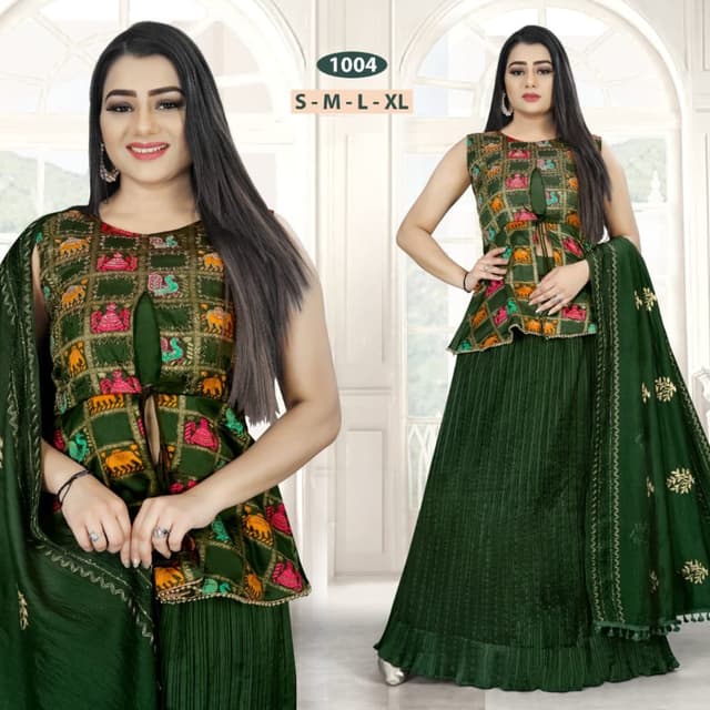 Green, Multi-colored (Pink, Orange, Yellow) Lehenga Choli