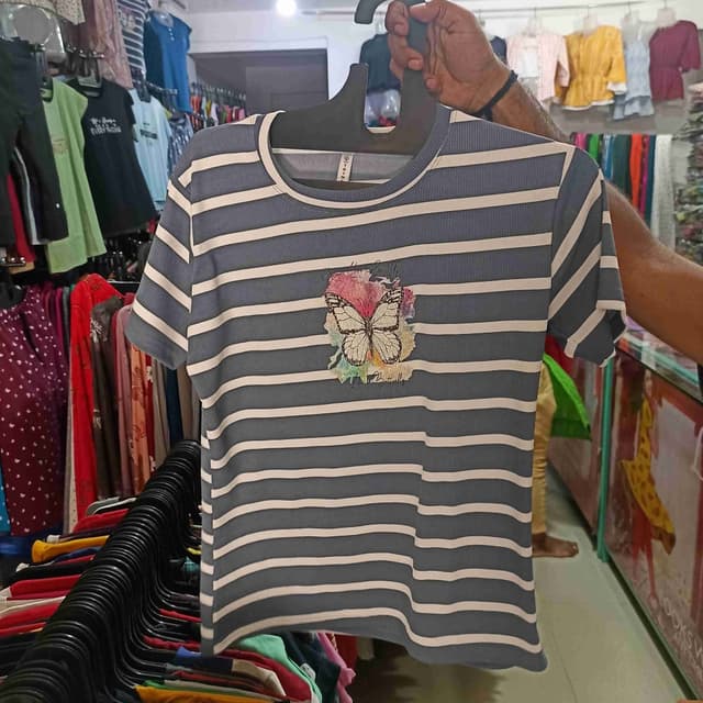 Blue and white stripes with a multi-colored butterfly embellishment. T-shirt