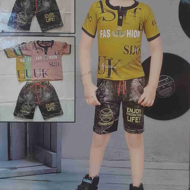 Mustard yellow, black, and denim T-shirt and shorts set
