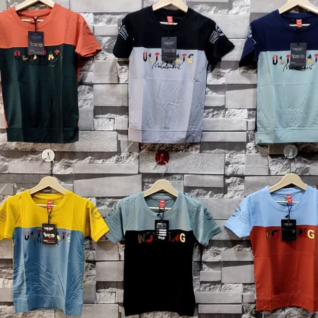 Various color-blocked combinations, including orange and dark green, black and gray, blue and light blue, yellow and blue, light green and black, and light blue and orange. T-shirts