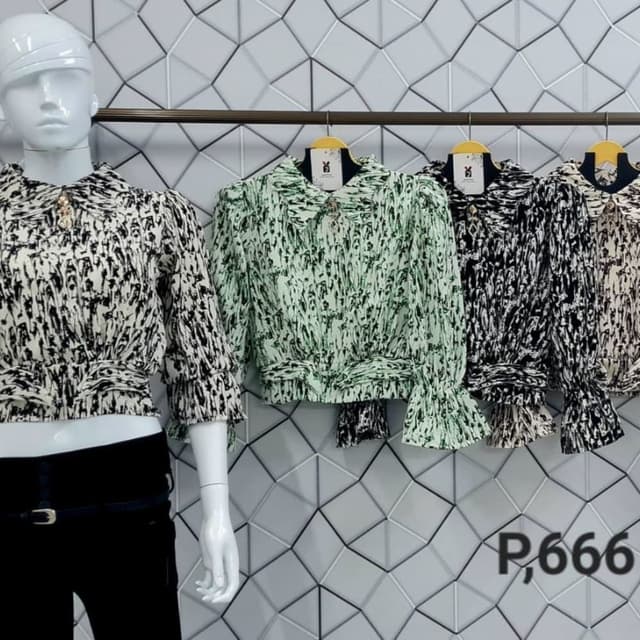 Black and White, Green, and Beige Blouse