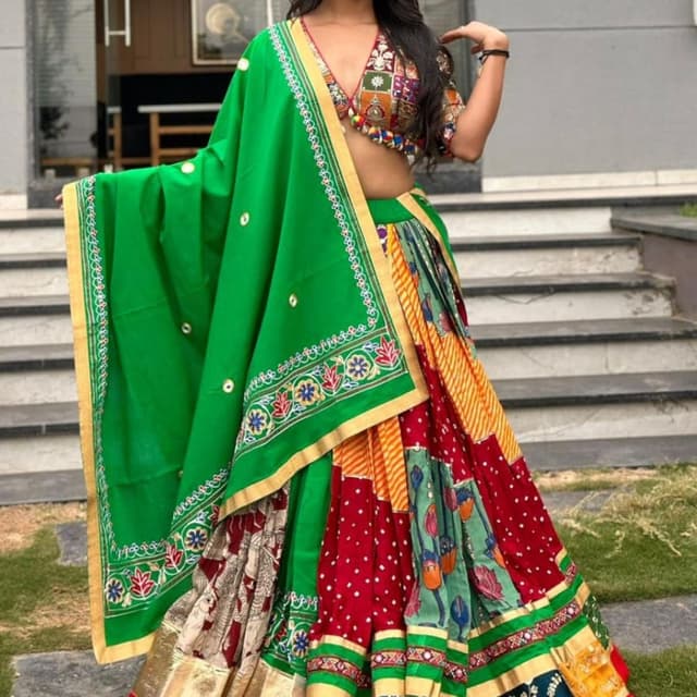 Vibrant green, red, yellow, and multicolored accents Lehenga Choli with Dupatta