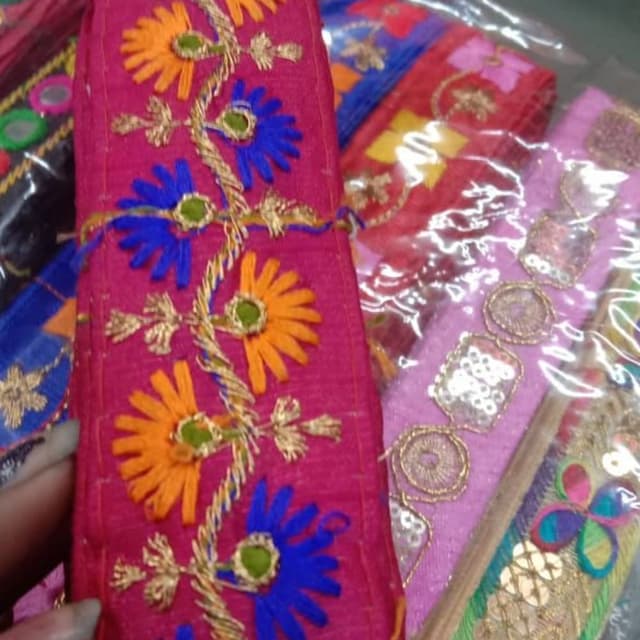 Pink, Orange, Blue, Green, Gold Embroidered Fabric Trim