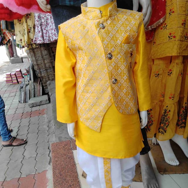 Yellow and White Kurta with Jacket and Dhoti