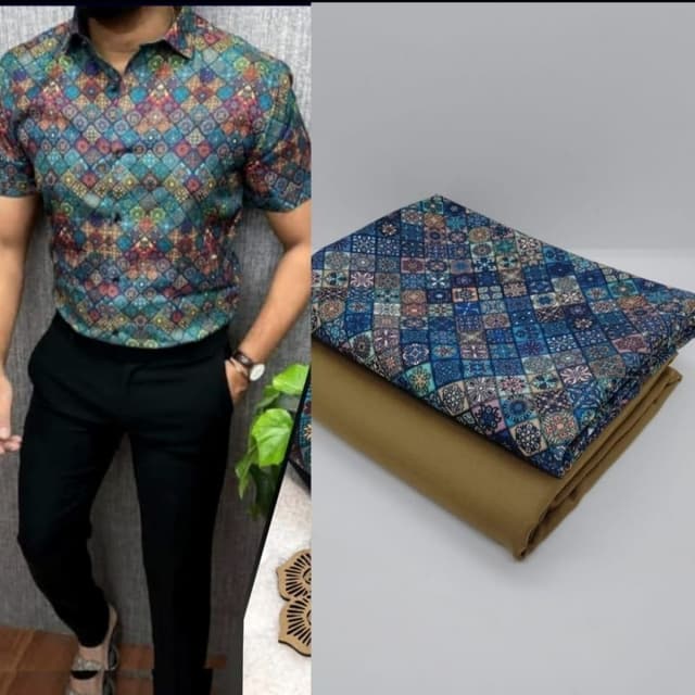 Multicolor, primarily featuring shades of blue, green, red, and purple with a black base. Shirt & Trousers