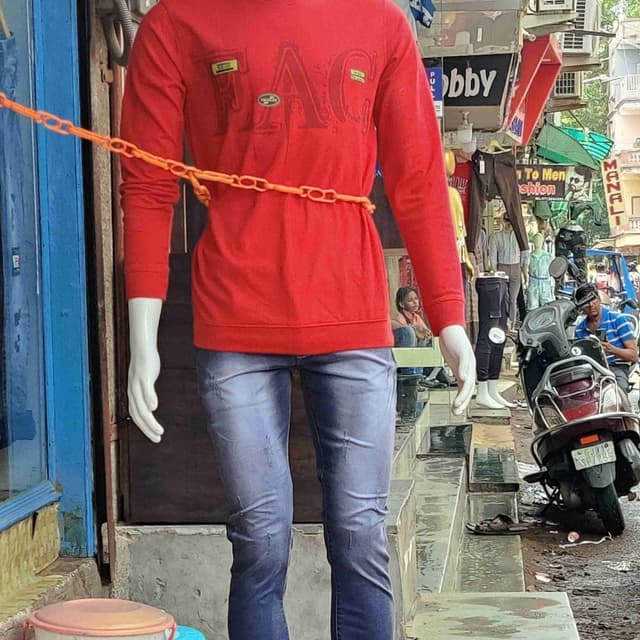 Red, Blue, Gray Sweatshirt, Jeans