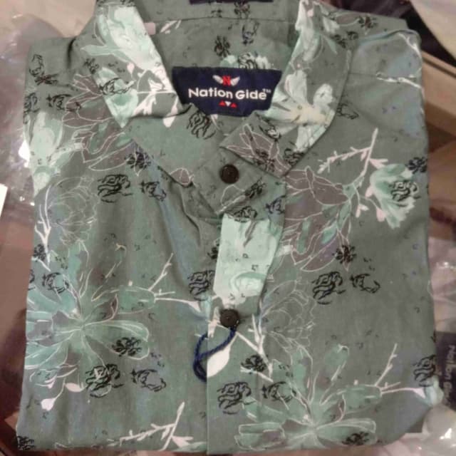 Sage green, white, gray, and black. Shirt