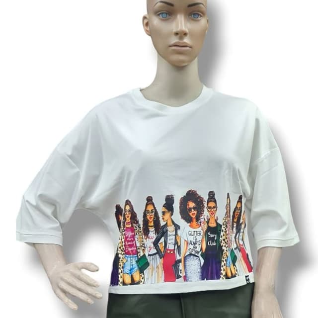 White, with a multi-colored graphic print featuring various shades and hues. T-shirt