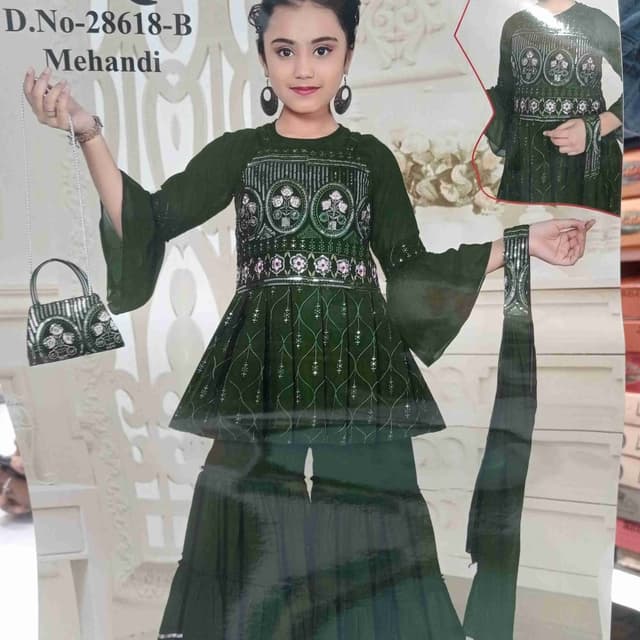 Dark Green, Silver, Pink Sharara Suit
