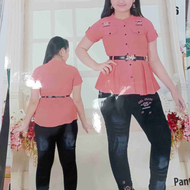 Salmon pink and Black Top and Jeans set