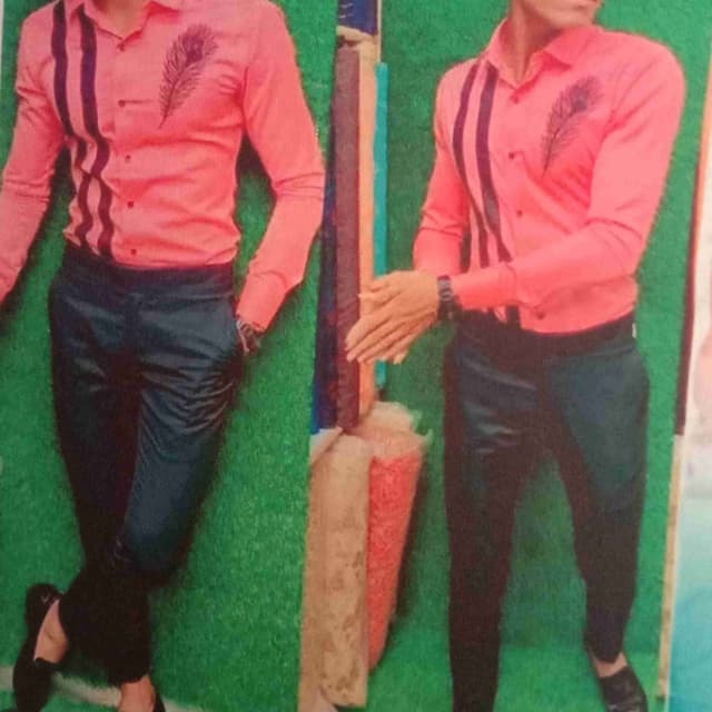 Coral shirt with navy blue pants Shirt and Pants