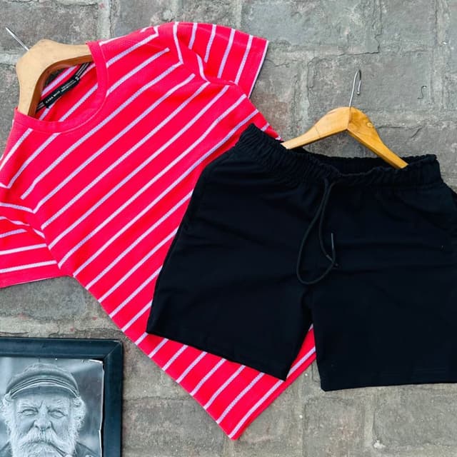 Red and black with white accents Shorts and T-shirt set