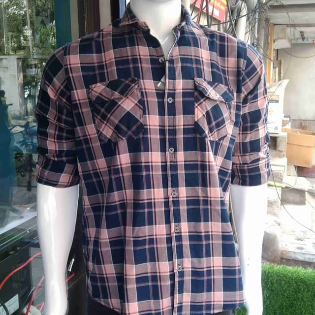 Navy blue, pink, and dark red plaid Shirt