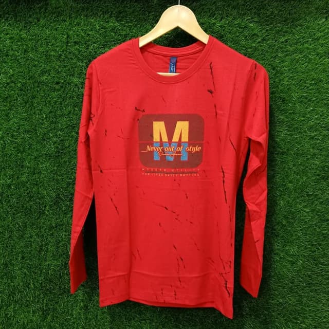 Red, with accents of yellow, blue, and white in the graphic print. T-shirt