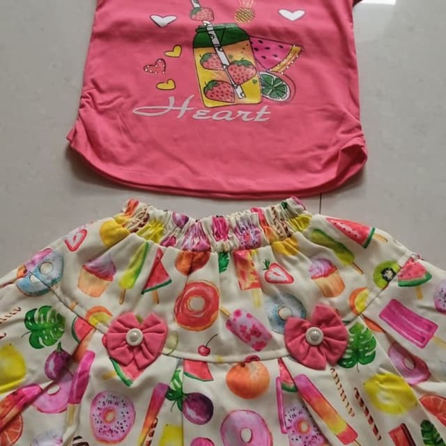 Pink, White, and Multi-color (various fruit and dessert colors) Top and Skirt Set