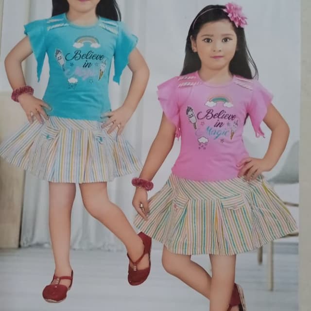 Blue, Pink, Cream, Green, Yellow Top and Skirt Set