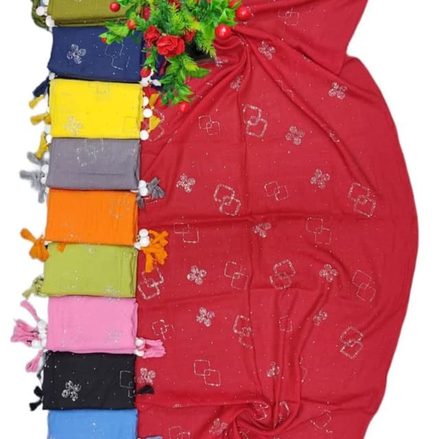 Red, with various solid colors for the other scarves in the image. Scarf