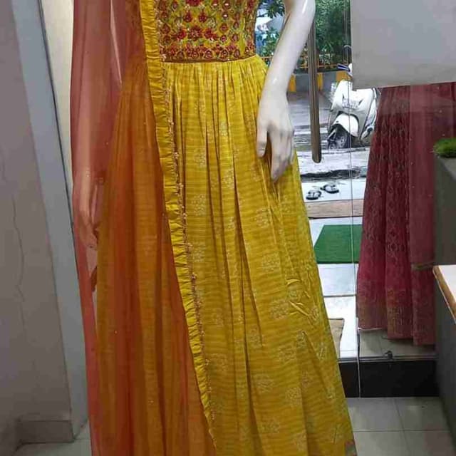 Yellow, Peach, Red Dress