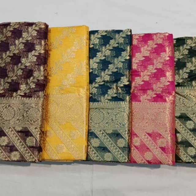 Various - Plum, Yellow, Teal, Pink, and Dark Green with Gold accents. Saree