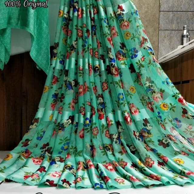 Teal, Red, Pink, Yellow, Black, White, Blue Saree