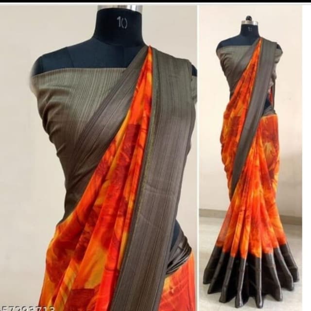 Orange, Yellow, Gray, Black Saree