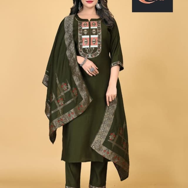 Olive green, peach, gold, red Kurta Set