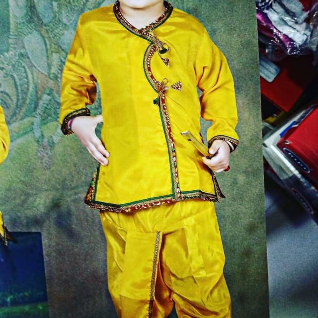 Yellow, Red, Green, and Gold Kurta and Dhoti Set
