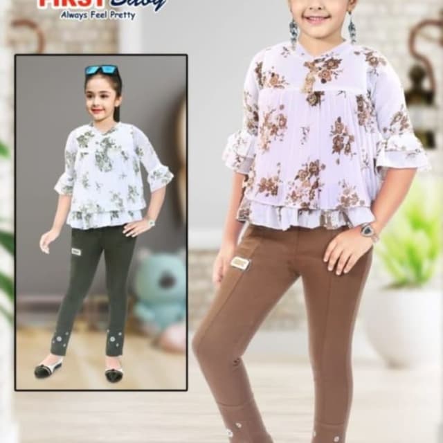 White, Brown, Olive Green Top and Leggings Set