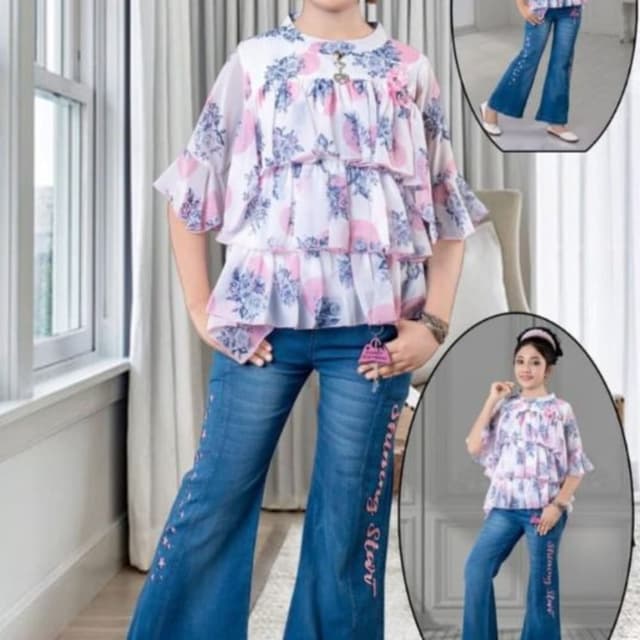White, Pink, Blue Top and Jeans Set